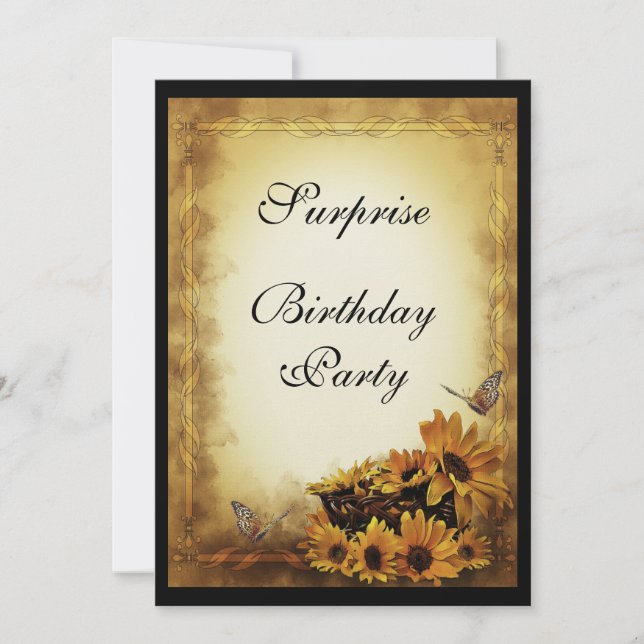 Golden Sunflowers & butterflies Surprise Birthday Invitation (Front)