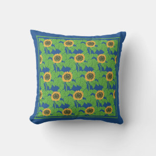 Golden Sunflowers Floral Pattern on Bright Blue Cushion