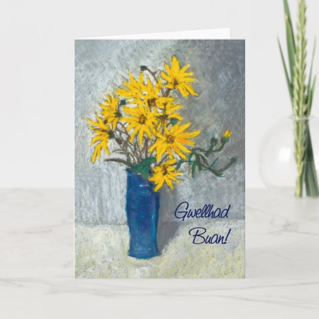 Golden Sunflowers Get Well Card, Welsh Greeting Card (Front)