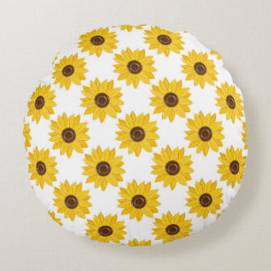 Golden Sunflowers Grid Pattern Round Cushion