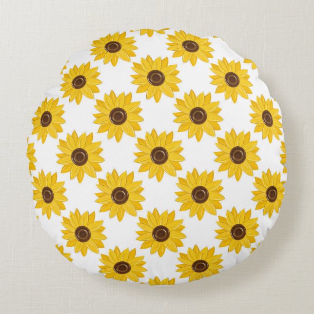Golden Sunflowers Grid Pattern Round Cushion (Front)