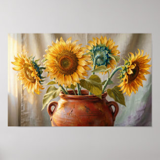 Golden Sunflowers in Terracotta Vase Fine Art Prin Poster