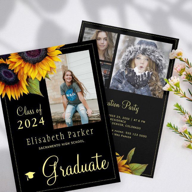 Golden sunflowers PHOTO collage graduation party Invitation (Creator Uploaded)