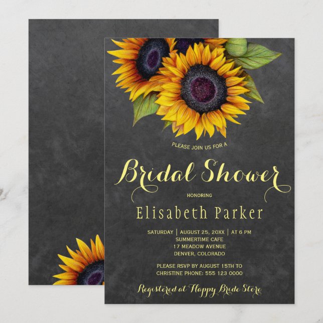 Golden sunflowers rustic chic bridal shower invitation (Front/Back)