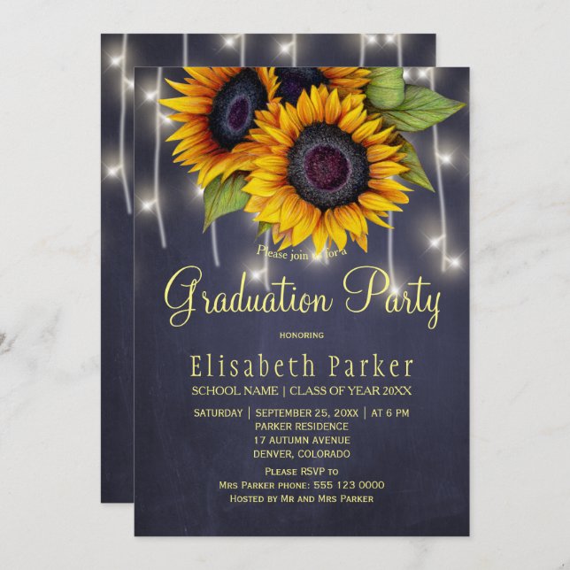 Golden sunflowers rustic lights graduation party invitation (Front/Back)