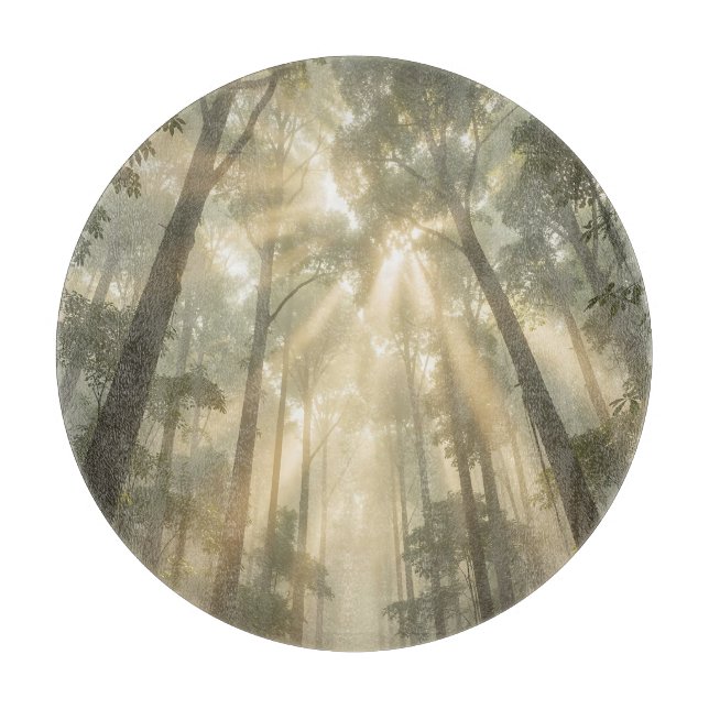 Golden Sunlight Beams Through Misty Tall Trees  Cutting Board (Front)