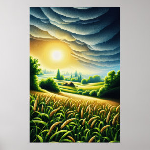 Golden Sunrise Over Green Fields Dreamy Landscape Poster
