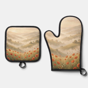 Golden Sunrise Poppy Field Misty Rolling Hills Oven Mitt & Pot Holder Set