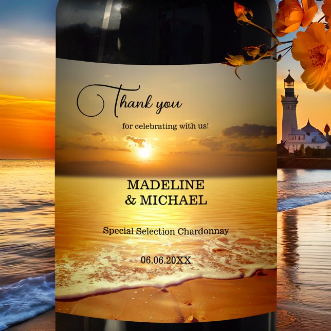 Golden Sunset Beach Destination Wedding Wine Label (Wine label featuring a golden sunset at the beach)
