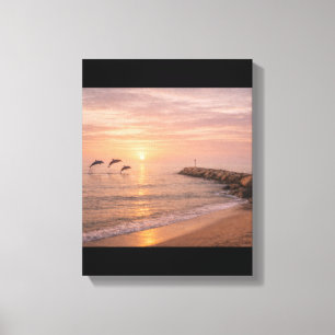 Golden Sunset Dolphins Beach Canvas Wall Art   Coa