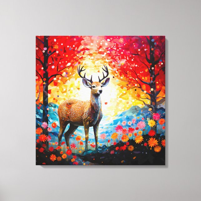Golden Sunset Floral Fall Forest Deer Canvas Print (Front)