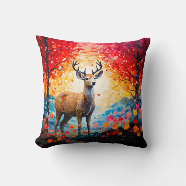 Golden Sunset Floral Fall Forest Deer Cushion (Front)