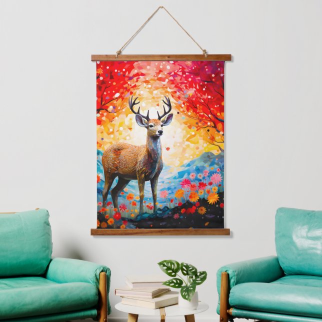 Golden Sunset Floral Fall Forest Deer Hanging Tapestry (Living Room)