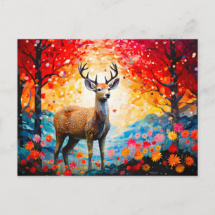 Golden Sunset Floral Fall Forest Deer Holiday Postcard