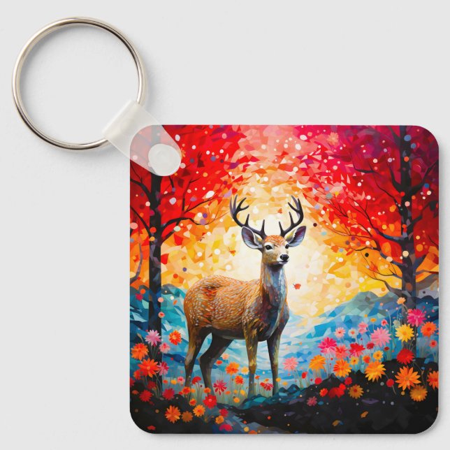Golden Sunset Floral Fall Forest Deer Key Ring (Front)