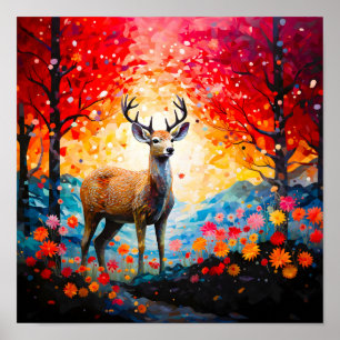 Golden Sunset Floral Fall Forest Deer Poster