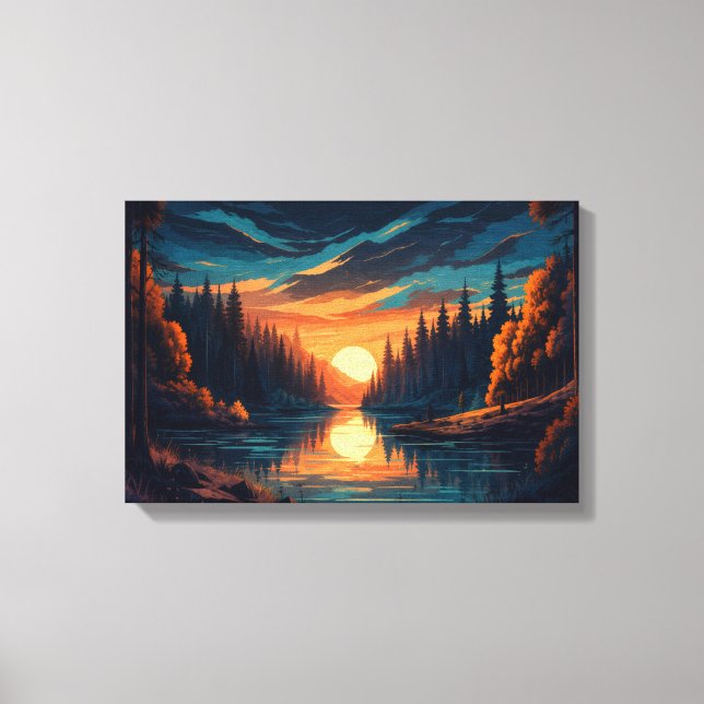 Golden Sunset Forest River Canvas Wall Art (Front)