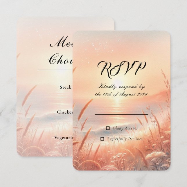 Golden Sunset Meadow Beach Wedding RSVP Card (Front/Back)