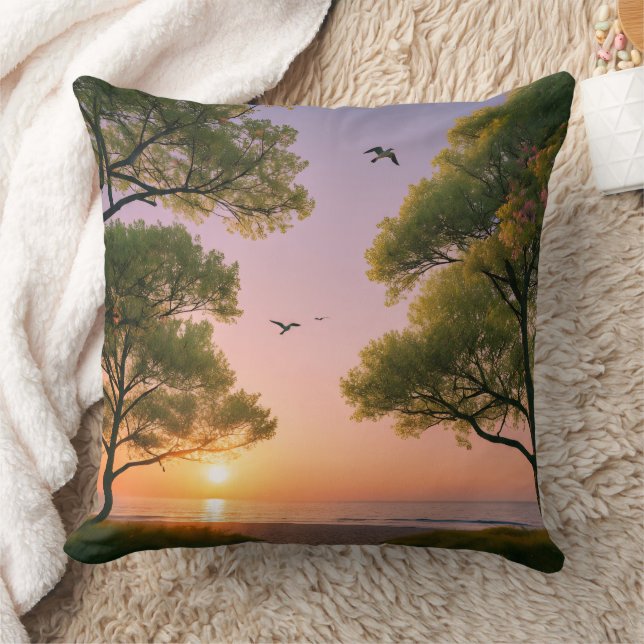 Golden Sunset Ocean Beach Landscape with Trees  Cushion (Blanket)