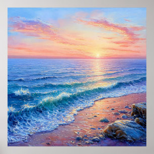 🌅 Golden Sunset Ocean Seascape Calm Waves Horizon Poster