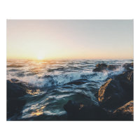 Golden Sunset Ocean Waves on Rocks Serene Seascape