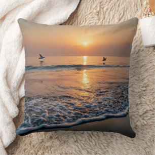 Golden Sunset Ocean Waves with Birds Cushion