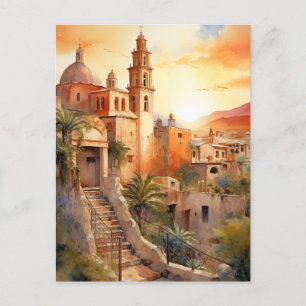 Golden Sunset Over a Colonial Mexican Village Holiday Postcard