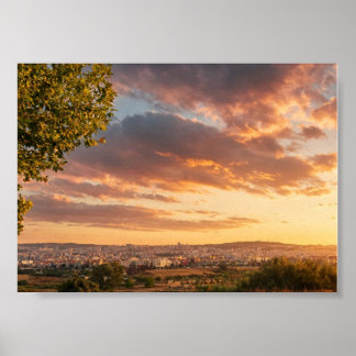 Golden Sunset Over City Panorama - Warm Evening Sk Poster
