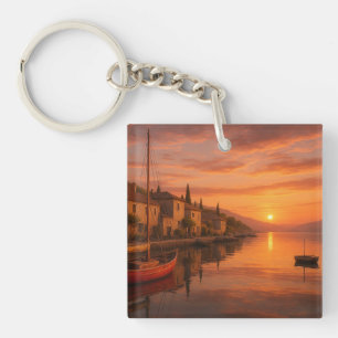 Golden Sunset Over Coastal Village Key Chain