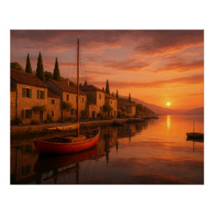 Golden Sunset Over Coastal Village Poster