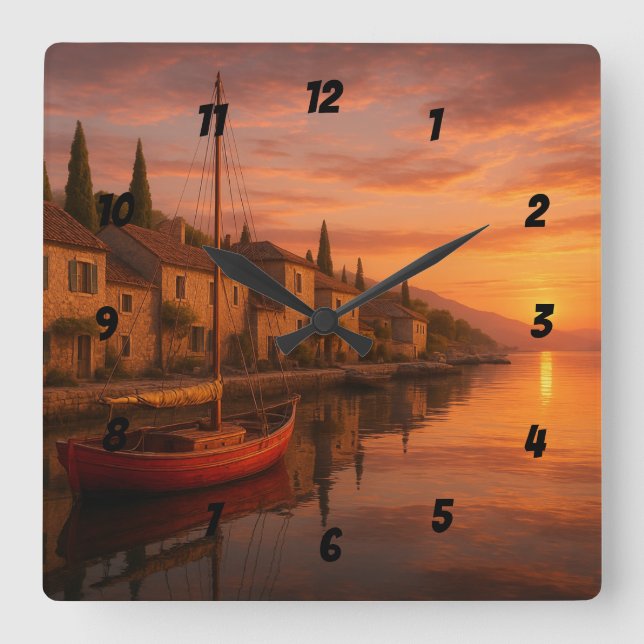 Golden Sunset Over Coastal Village Square Wall Clock (Front)