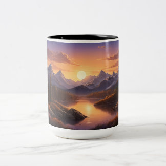 Golden Sunset Over Forest Nature Trees Mountains Two-Tone Coffee Mug