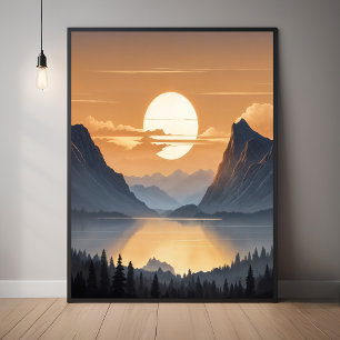 Golden Sunset Over Majestic Mountain Landscape Art Poster