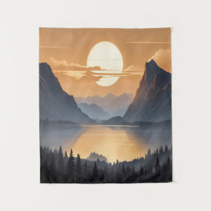 Golden Sunset Over Majestic Mountain Landscape Art Tapestry