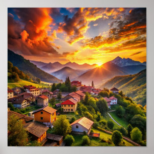 Golden Sunset Over Mountain Village Radiant Land Poster