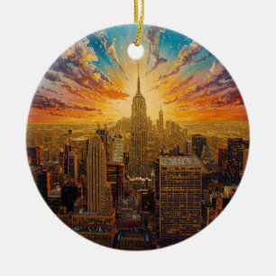 Golden Sunset Over New York City Skyline Ceramic Tree Decoration