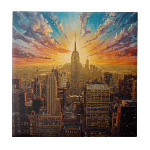 Golden Sunset Over New York City Skyline Tile