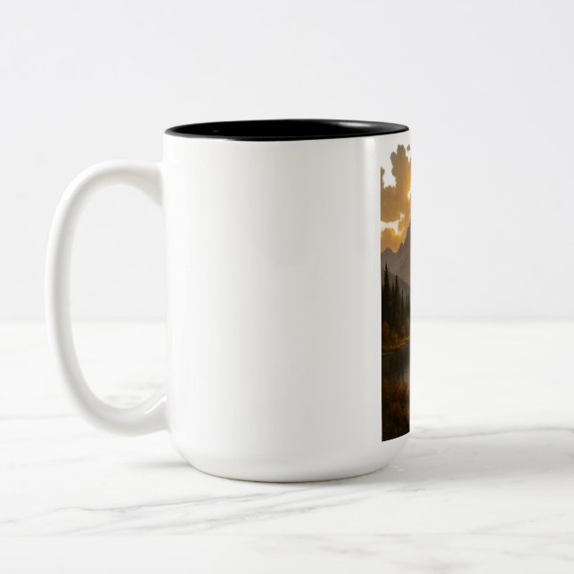 Golden Sunset Over Tranquil Mountain Lake Two-Tone Coffee Mug (Left)