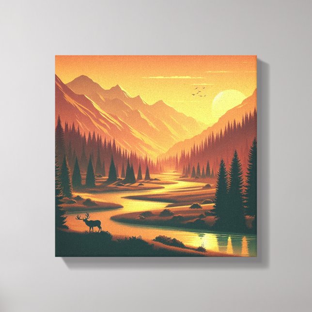 Golden Sunset Over Vintage Mountain Valley Canvas Print (Front)