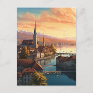Golden Sunset Over Zurich Holiday Postcard