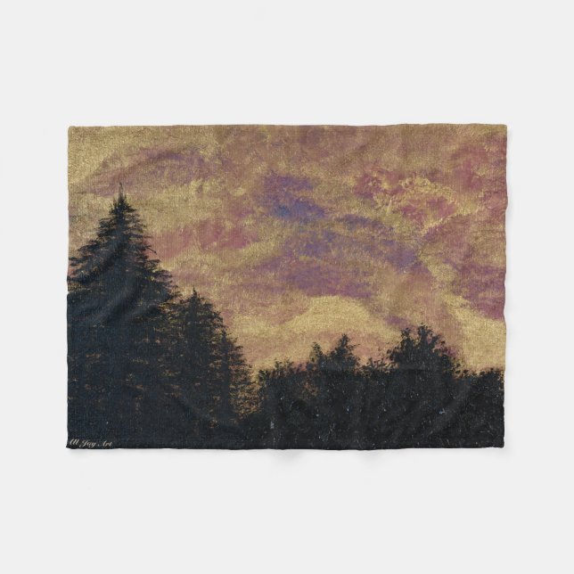 "Golden Sunset Pines" Artwork Throw by All Joy Art Fleece Blanket (Front (Horizontal))