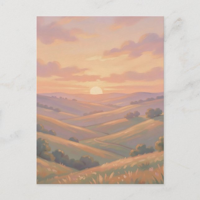 Golden Sunset Rolling Hills Pastel Landscape  Postcard (Front)