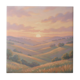 Golden Sunset Rolling Hills Pastel Landscape Tile
