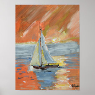 Golden Sunset Sailboat Impressionist Poster