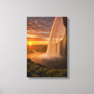 Golden Sunset Waterfall Landscape Art Canvas Print