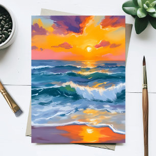 Golden Sunset Waves Watercolor Painting Postcard