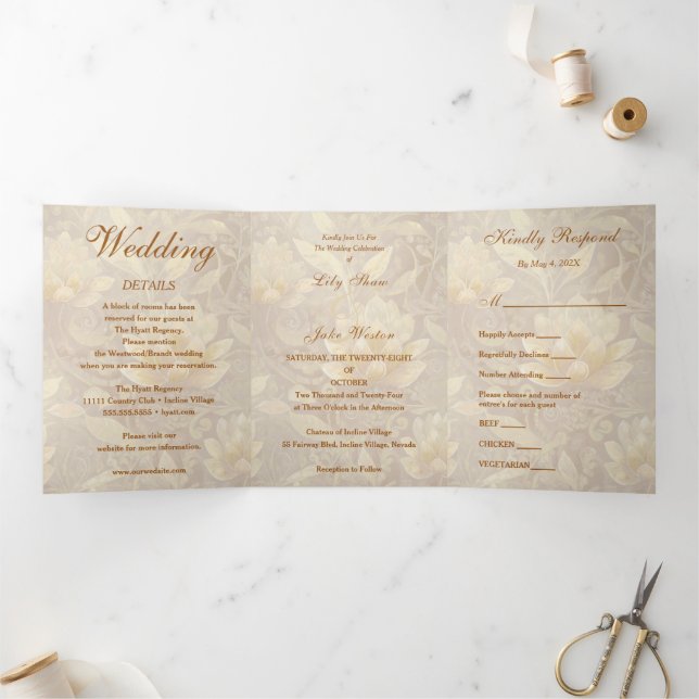 Golden Sunshine Floral Wedding Tri-Fold Invitation (Inside)