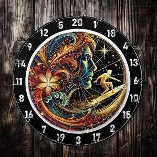 Golden Surfer Riding Sunset Wave Art Dartboard