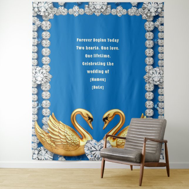 Golden Swan Heart Wedding Backdrop Theme Tapestry (In Situ)