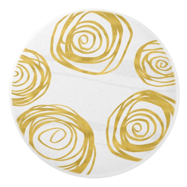 Golden Swirl Art Faux Foil Roses Elegant Floral Ceramic Knob (Front)